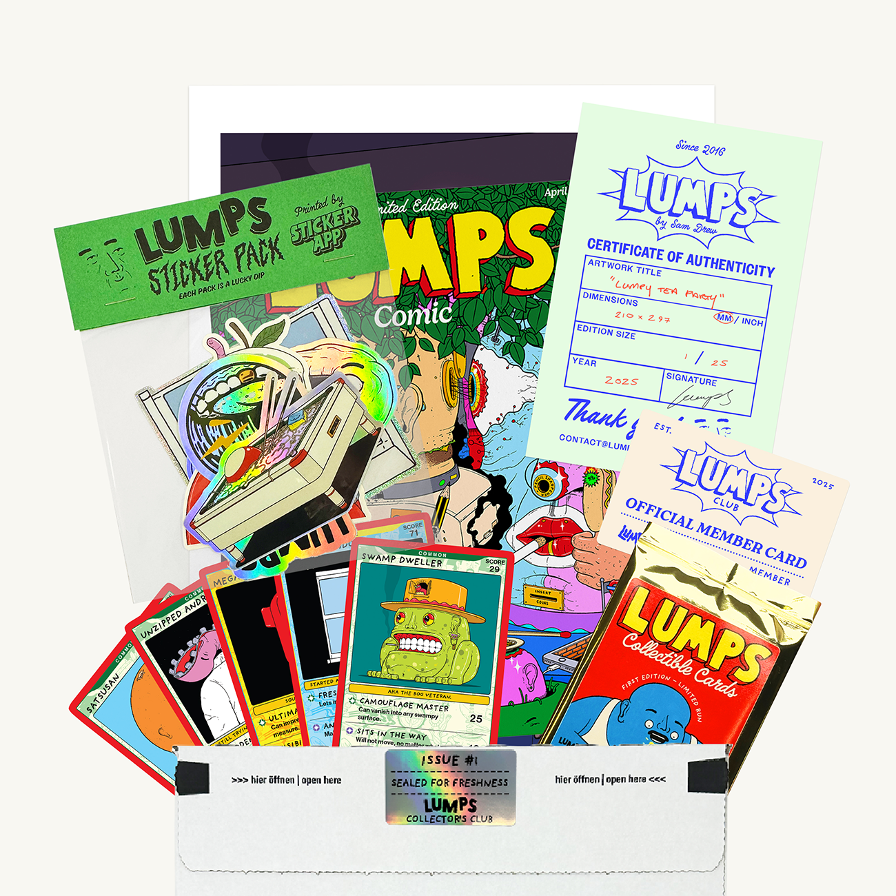 A collection of colorful "Lumps" comic-themed items, including stickers, cards, and certificates.