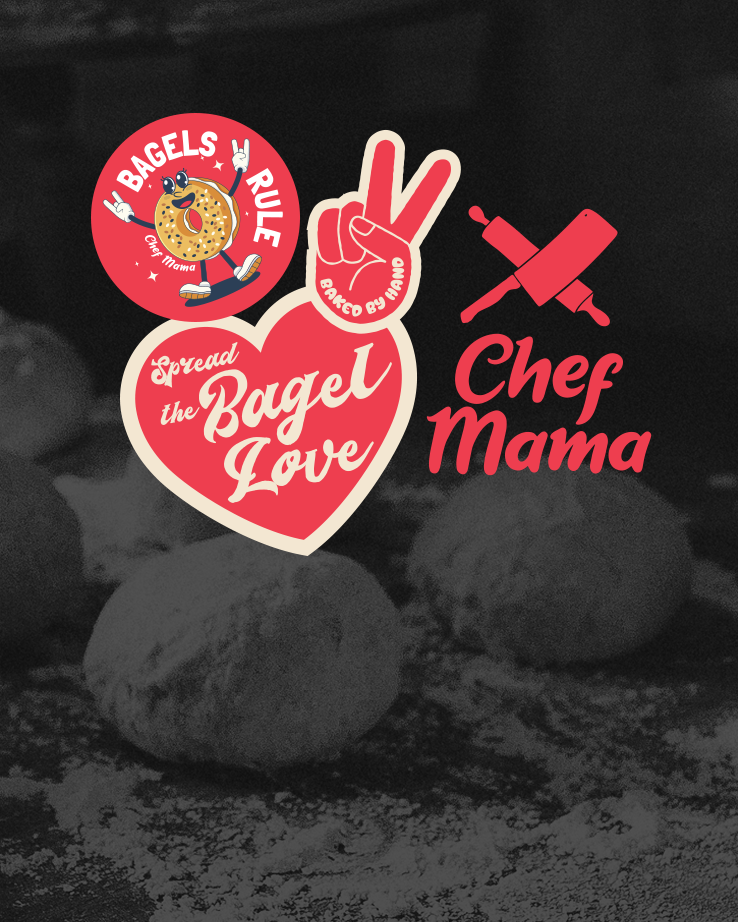 Stickers with bagels rule, Spread the Bagel Love, peace sign, and Chef Mama logo